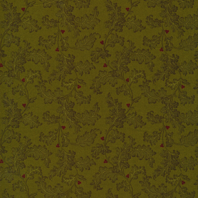 olive green fabric with tonal green vines and contrasting red berries on it