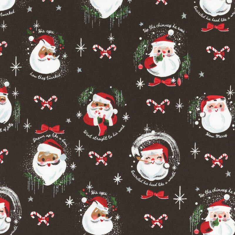 This fabric features adorable Santa motifs with Christmas sayings on a black background with silver metallic accents.
