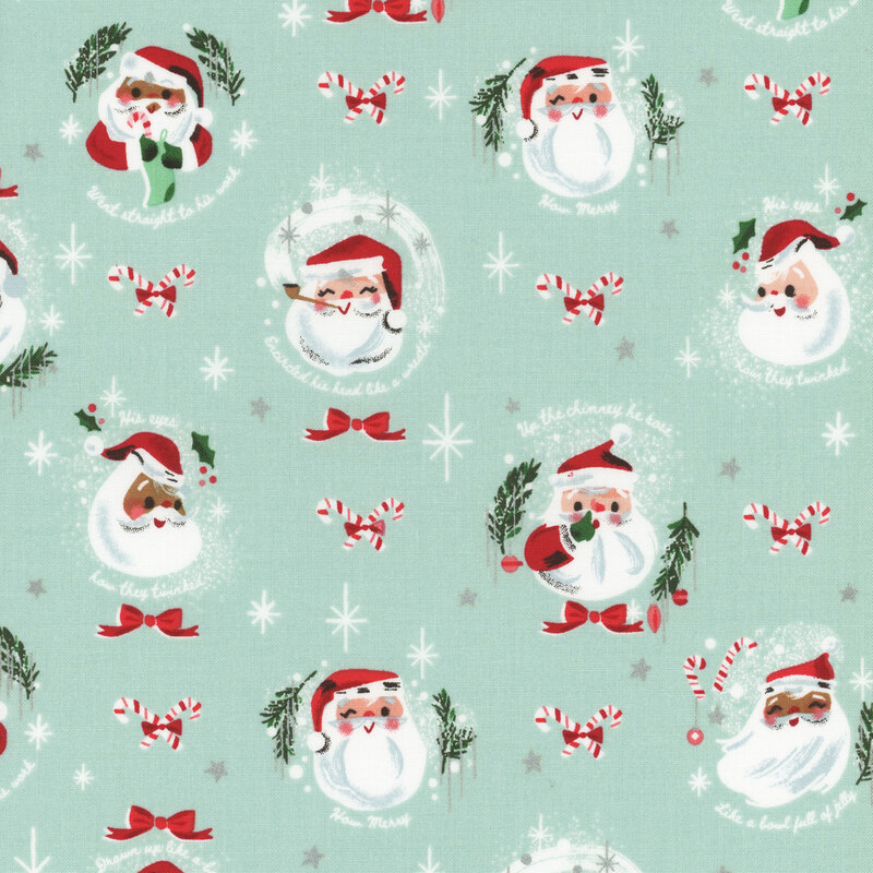 This fabric features adorable Santa motifs with Christmas sayings on a light mint background with silver metallic accents.