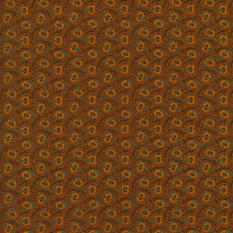 chestnut brown fabric with compelling dark brown vines and tonal flowers
