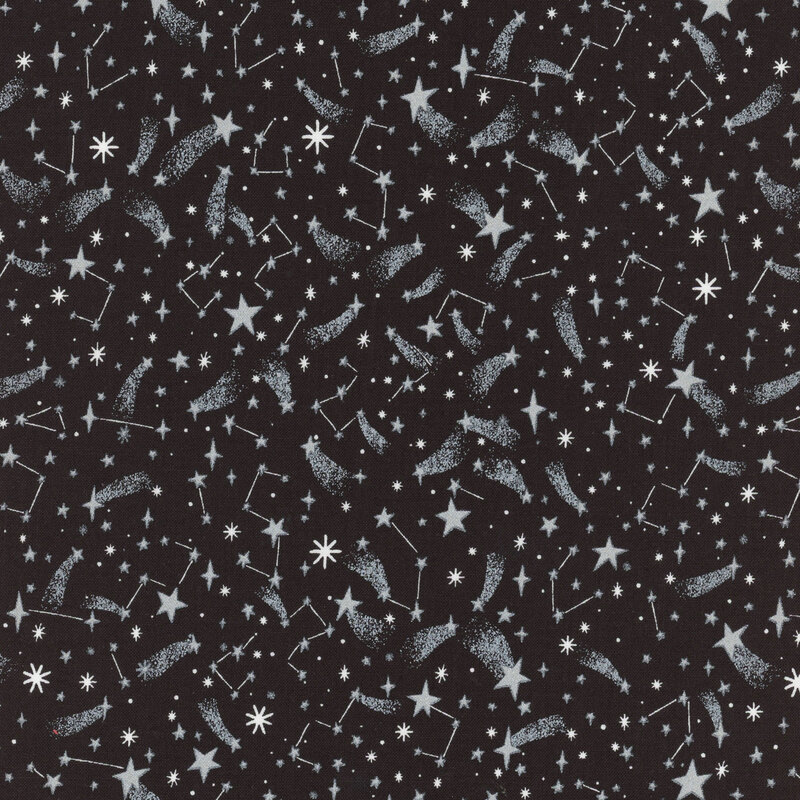 This fabric features a lovely pattern of stars and constellations with silver metallic accents.