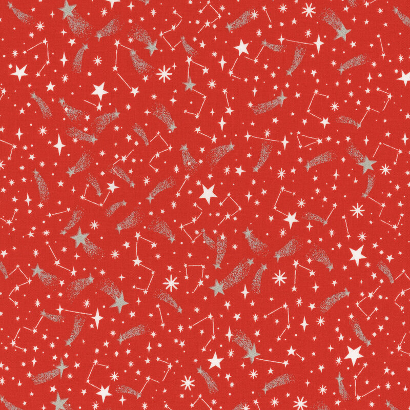 This fabric features a lovely pattern of white and soft green stars and constellations on a red background with silver metallic accents.