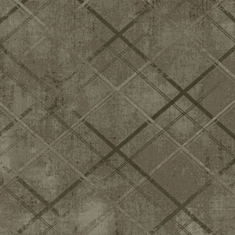 Distressed taupe fabric with crossed lines that give a tonal argyle impression