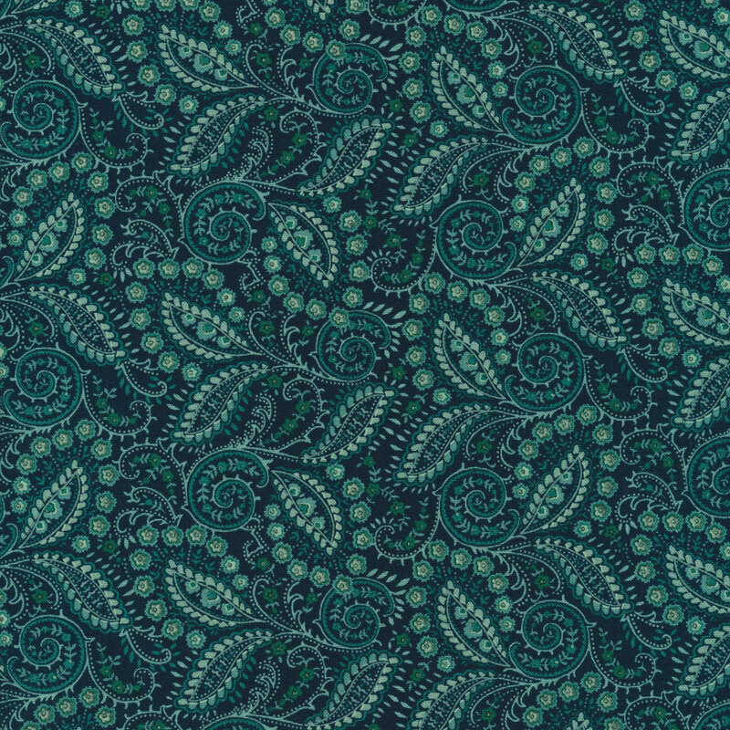 Turquoise fabric with lighter teal paisley that looks like leaves