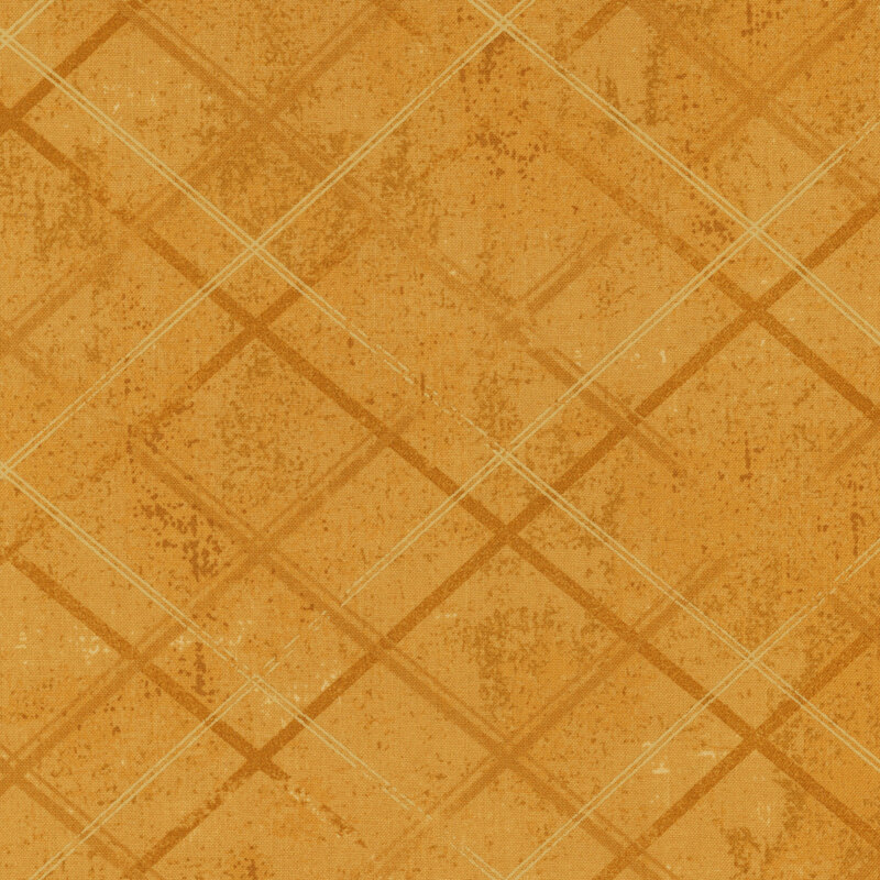 Distressed dark yellow/gold fabric with crossed lines that give a tonal argyle impression