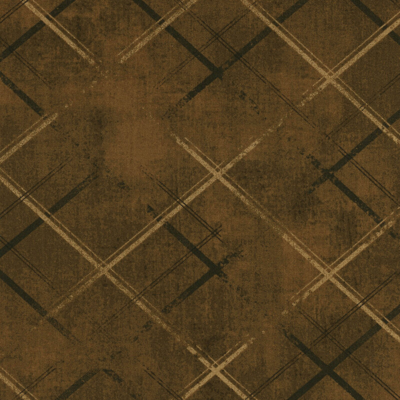 Distressed brown fabric with crossed lines that give a tonal argyle impression