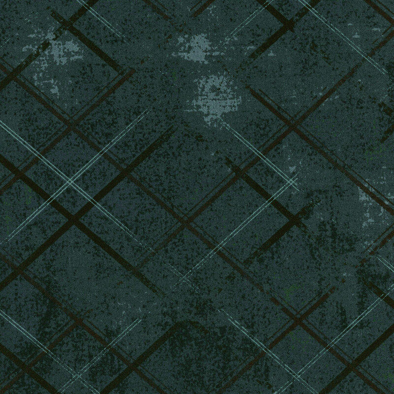 Distressed dark teal fabric with crossed lines that give a tonal argyle impression