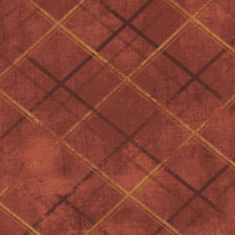 Distressed rose red fabric with crossed lines that give a tonal argyle impression