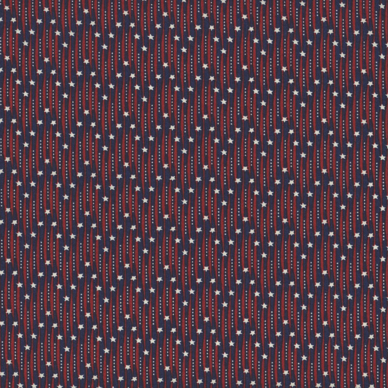 Fabric with red stripes and white stars on a navy blue background.