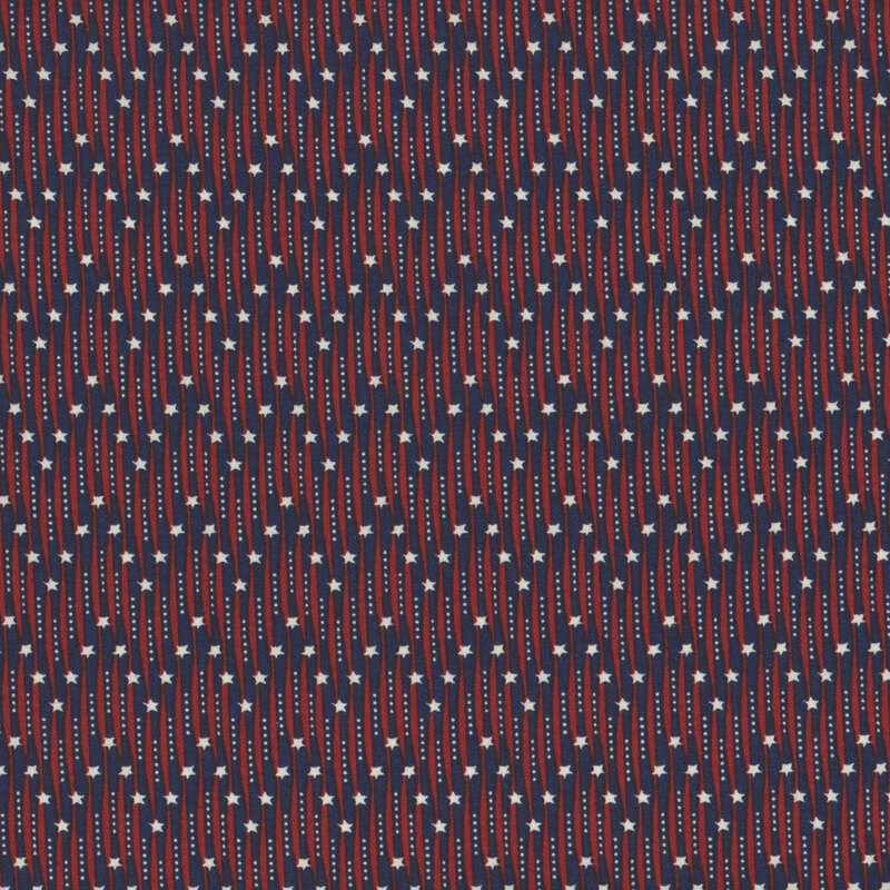Fabric with red stripes and white stars on a navy blue background.
