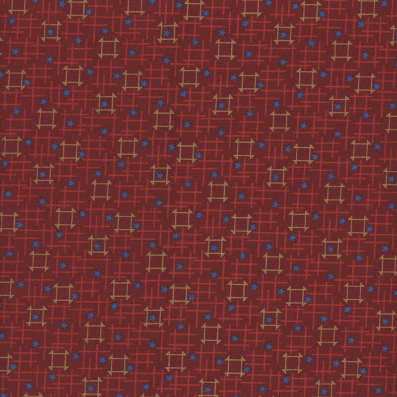 Fabric with tonal red and cream churn dash squares with blue stars on a red background.