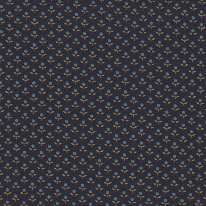Fabric with light blue in a ditsy print with tan leaves on a dark navy blue background.