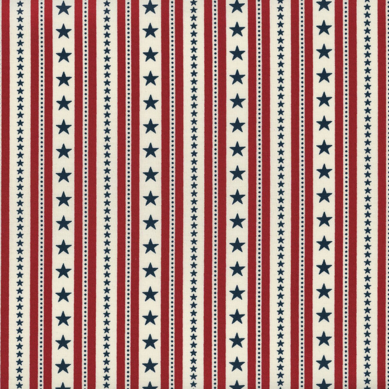 Fabric with red and cream stripes with small and large blue stars.