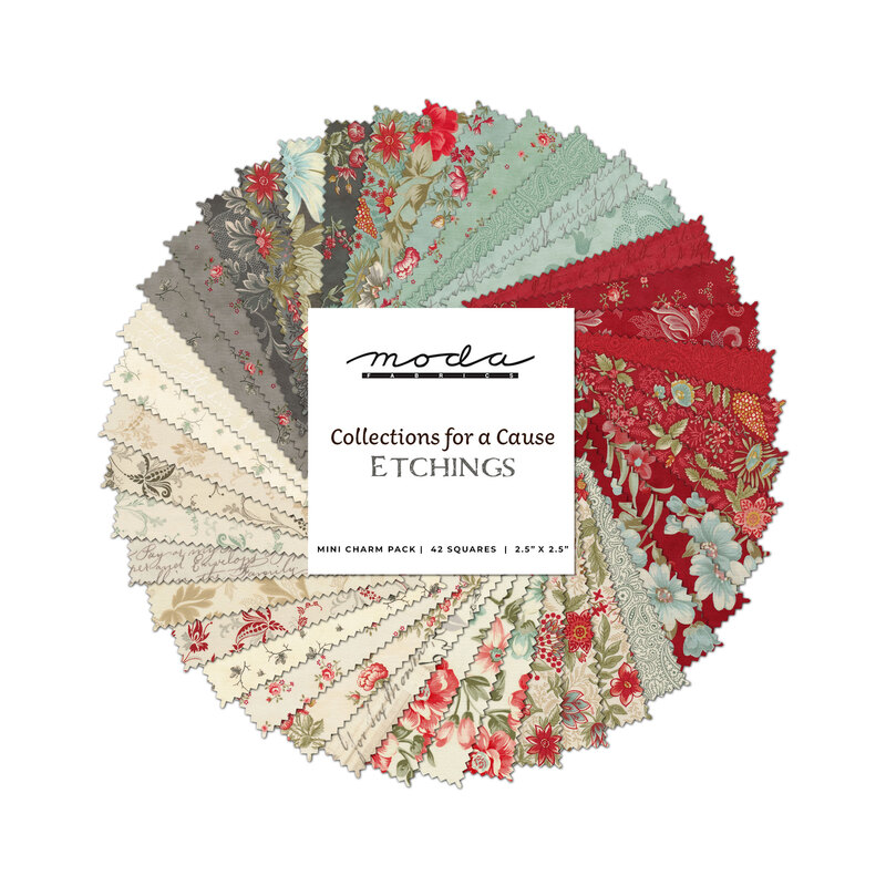 Collage of all fabrics included in the Collections for a Cause - Etchings Mini Charm Pack in shades of cream, blue, gray, and red