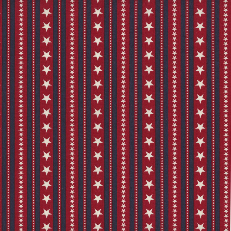 Fabric with red and blue stripes with small and large cream stars