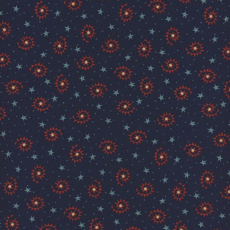 This fabric features red swirls and ditsy light blue stars on a dark blue background.