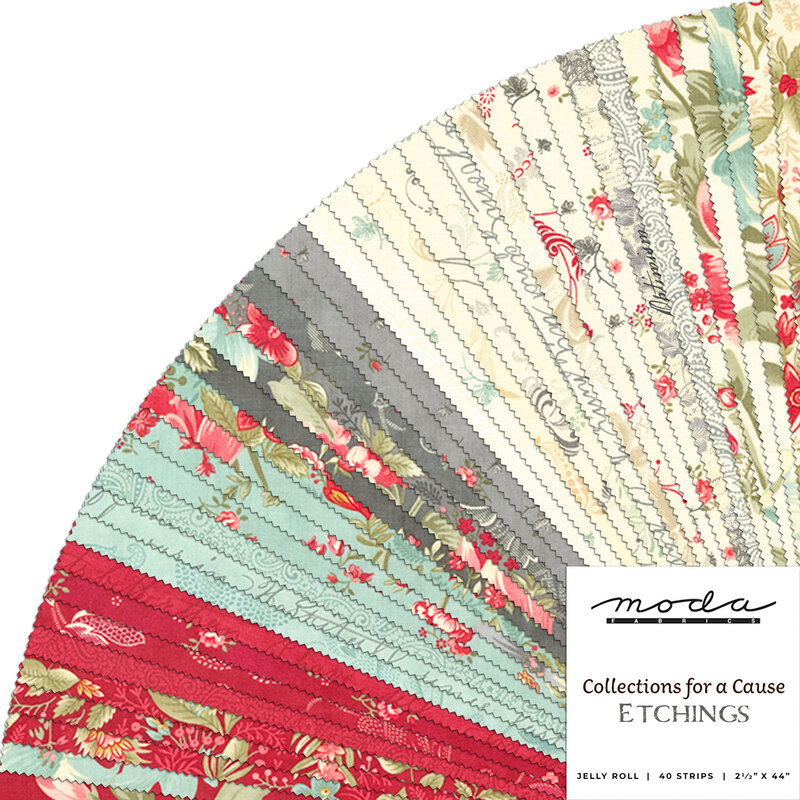 Collage of all fabrics included in the Collections for a Cause - Etchings Jelly Roll  in shades of cream, blue, gray, and red