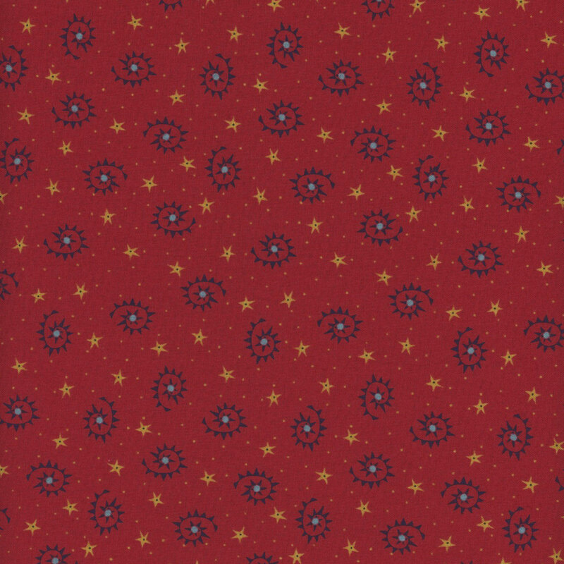 This fabric features blue swirls and ditsy tan stars on a bright red background.