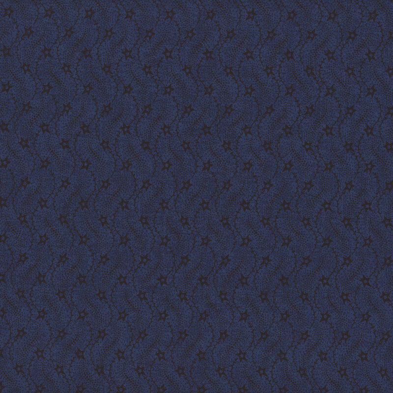 Fabric with wavy navy blue lines and stars on a navy blue background.