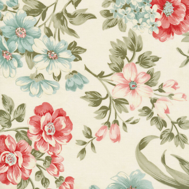 Scan of cream fabric with large, vintage filigree style red and blue flowers and green leaves