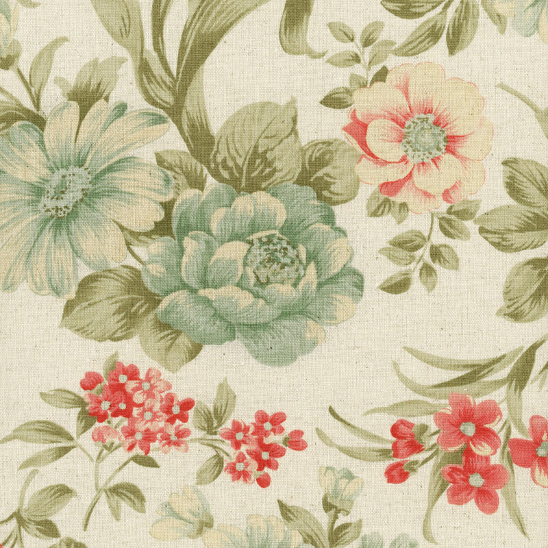 Cream linen fabric with large, vintage filigree style pink and blue flowers and green leaves