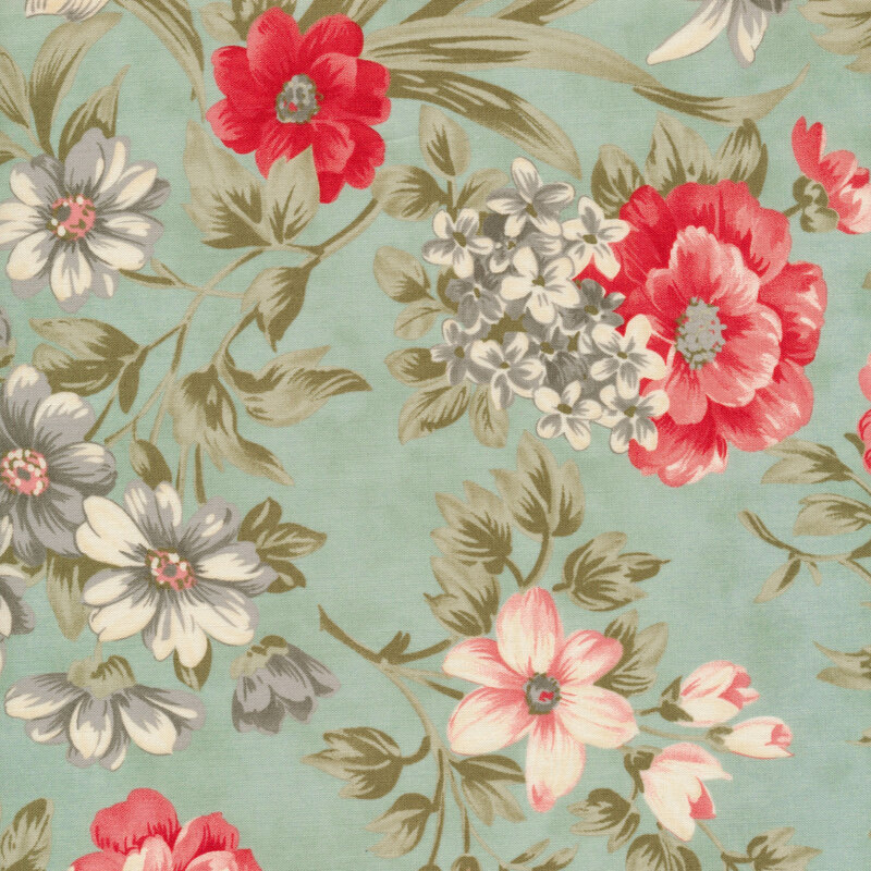 Scan of light blue fabric with large, vintage filigree style red and gray-blue flowers and green leaves