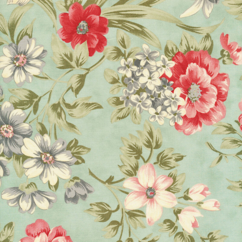 Scan of light blue fabric with large, vintage filigree style red and gray-blue flowers and green leaves