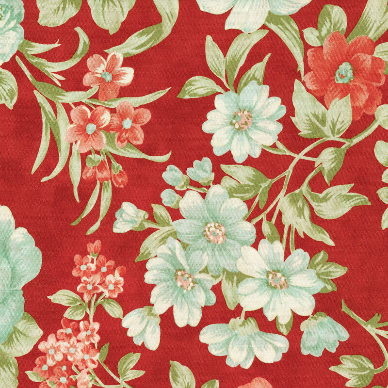Scan of red fabric with large, vintage filigree style red and aqua-blue flowers and green leaves