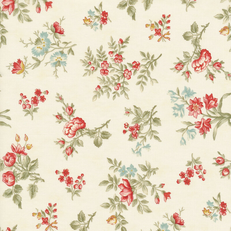 Scan of cream fabric with tossed vintage style red and blue flowers with green leaves