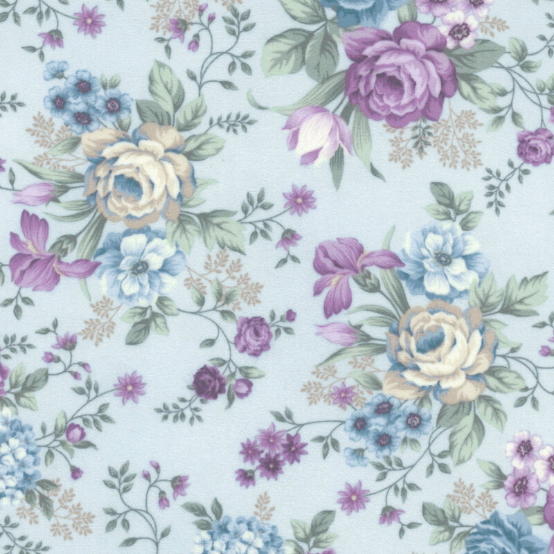 This fabric features a lovely pattern of purple and cream roses on a light blue background.