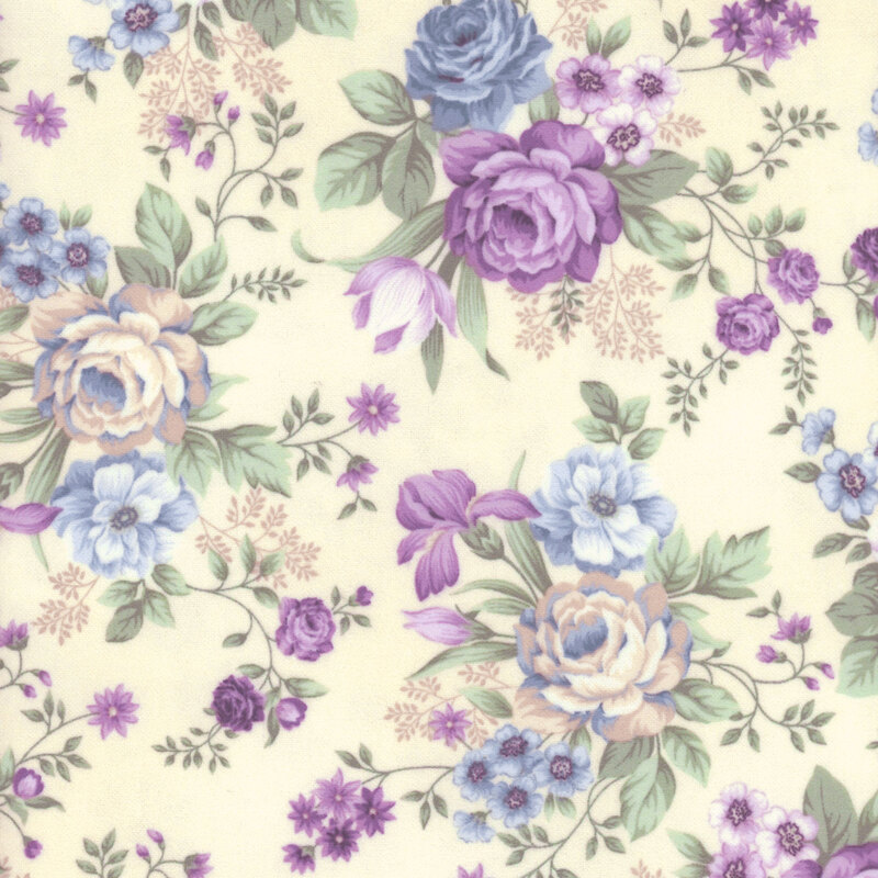 This fabric features a lovely pattern of purple and cream roses on with light blue hydrangeas on a cream background. 
