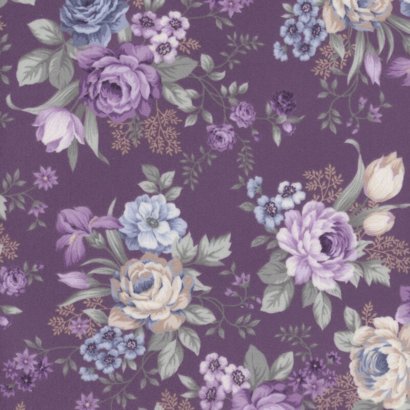 This fabric features a lovely pattern of purple and cream roses on with light blue hydrangeas on a dark purple