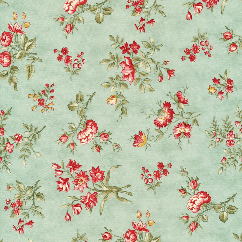 Scan of light blue fabric with tossed vintage style red flowers with green leaves