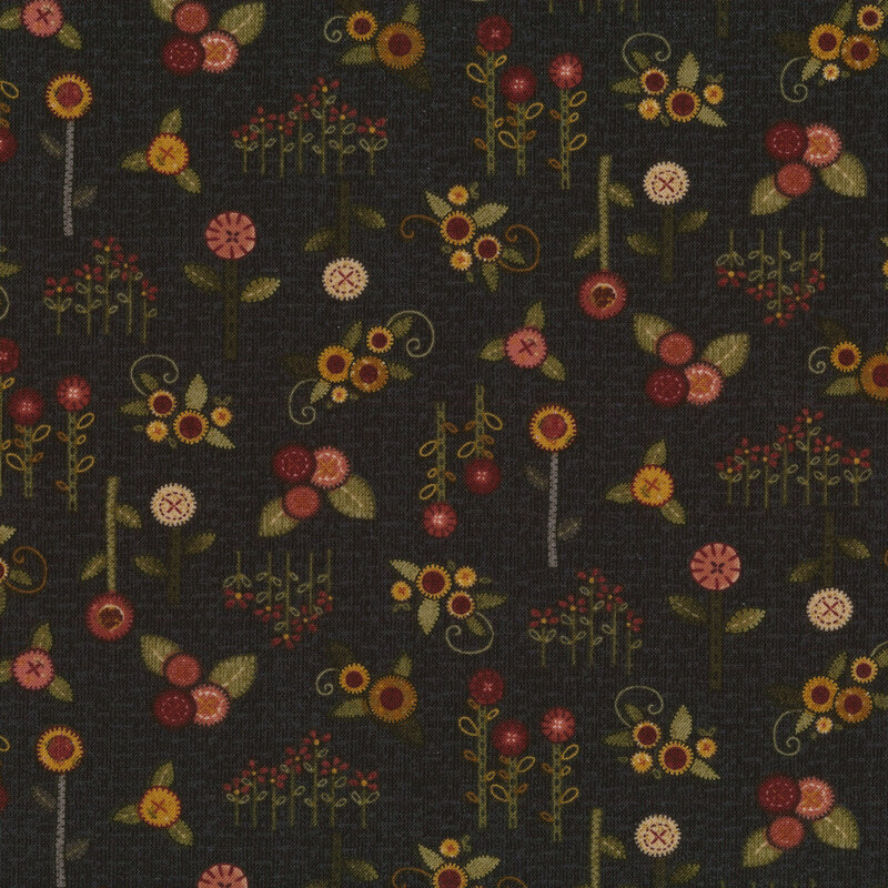 black fabric with flowers meant to look like applique all across it