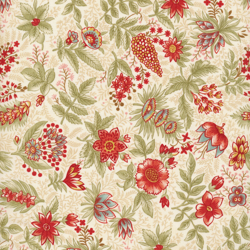 Scan of cream fabric with tossed vintage stylized red and blue flowers with green leaves and tonal accents