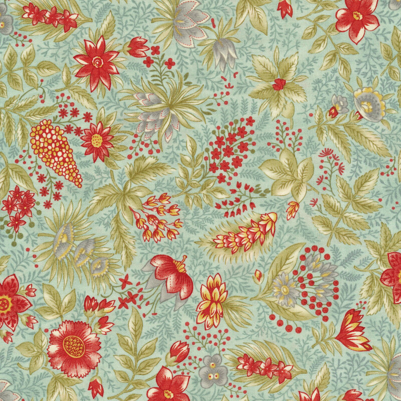 Scan of light blue fabric with tossed vintage stylized red and blue-gray flowers with green leaves and tonal accents