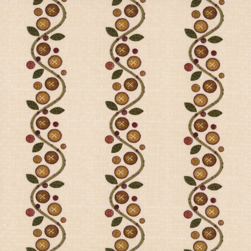cream fabric with buttons and vines meant to look like applique in vertical stripes