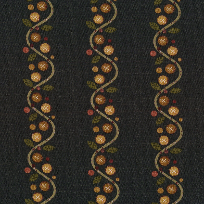 black fabric with buttons and vines meant to look like applique in vertical stripes