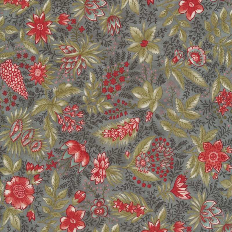Scan of gray fabric with tossed vintage stylized red flowers with green leaves and tonal accents