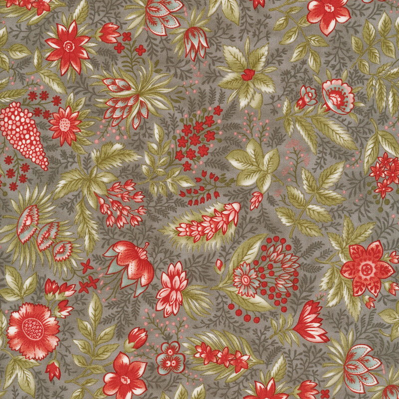 Scan of gray fabric with tossed vintage stylized red flowers with green leaves and tonal accents