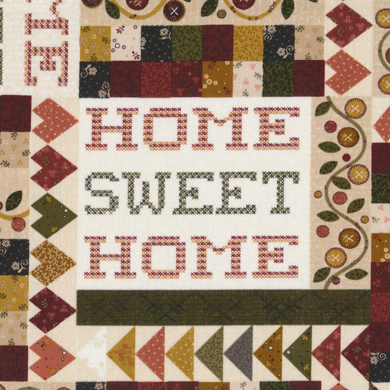 patchwork style fabric in farmhouse colors with the phrase 
