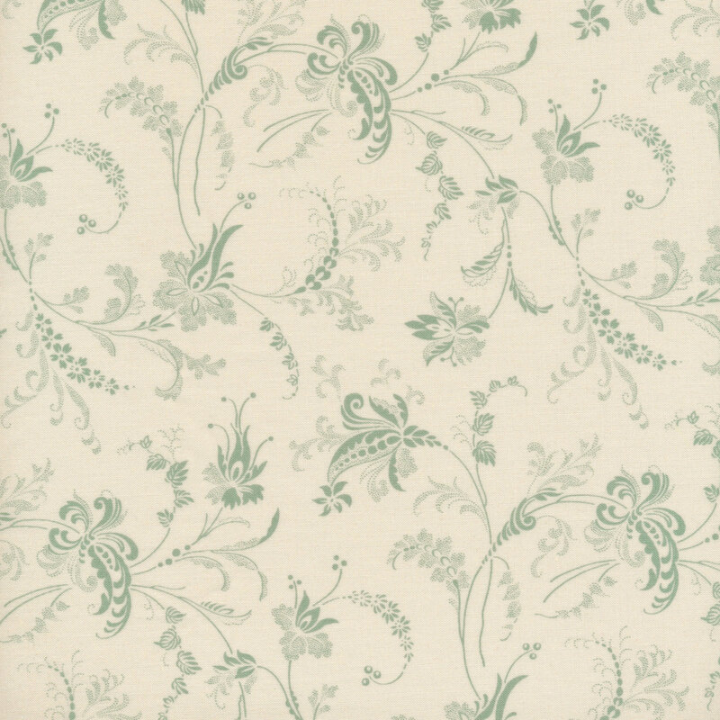 Scan of cream fabric with subtle, light teal filigree patterns all over