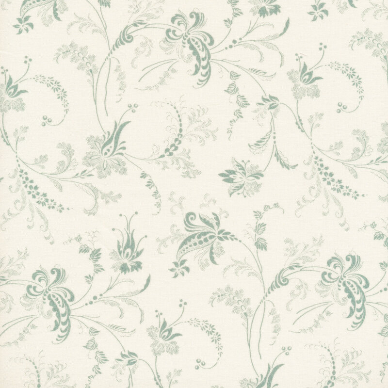 Scan of cream fabric with subtle, light teal filigree patterns all over