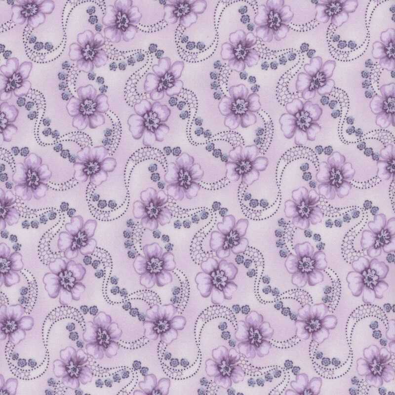 This fabric features light purple blooms with strings of small blue flowers on a light purple background.