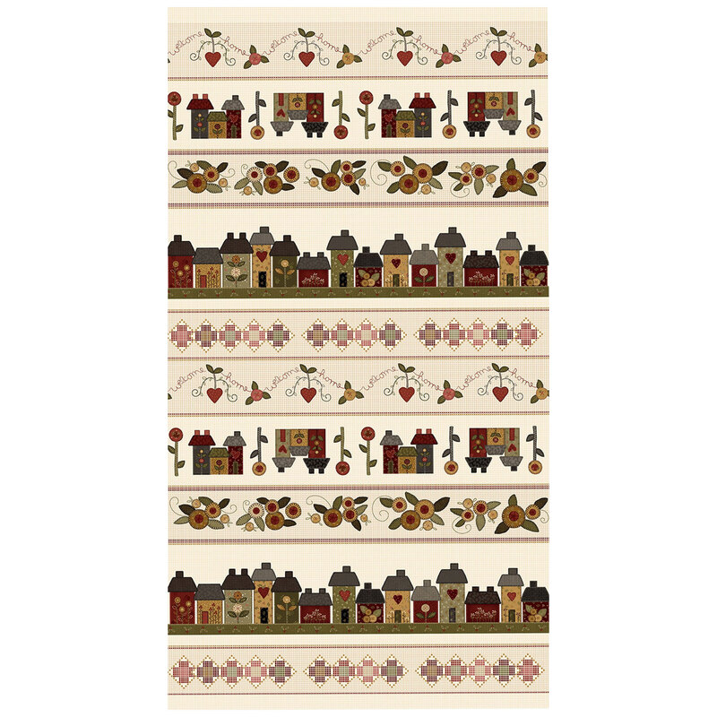 border stripe fabric that features a cream background with charming stripes of multicolor houses, flowers, diamonds, and hearts, all with the appearance of applique
