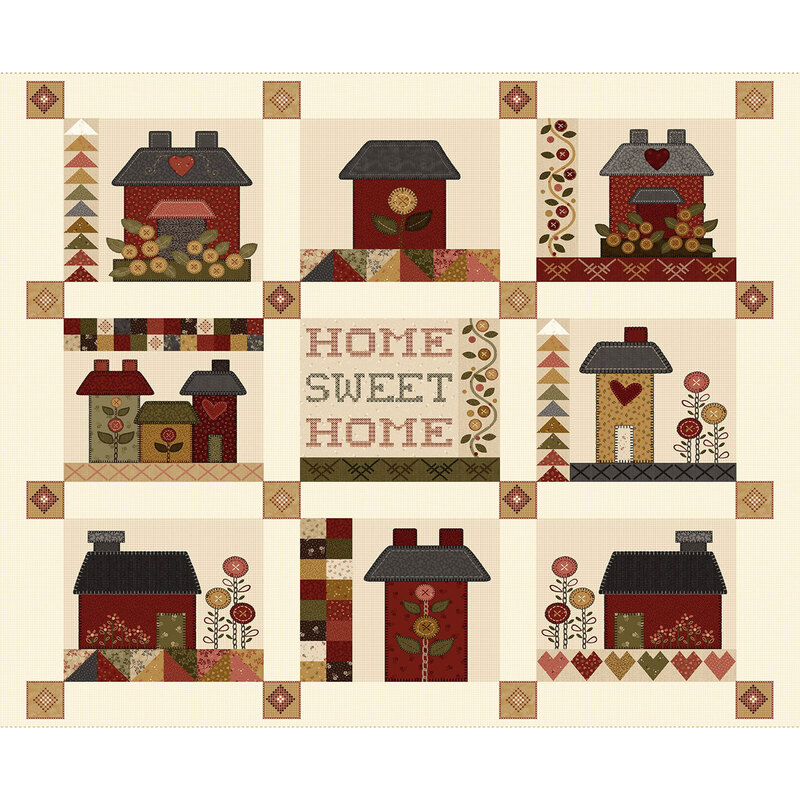 fabric panel that features a cream background with blocks of multicolor houses, and the words 