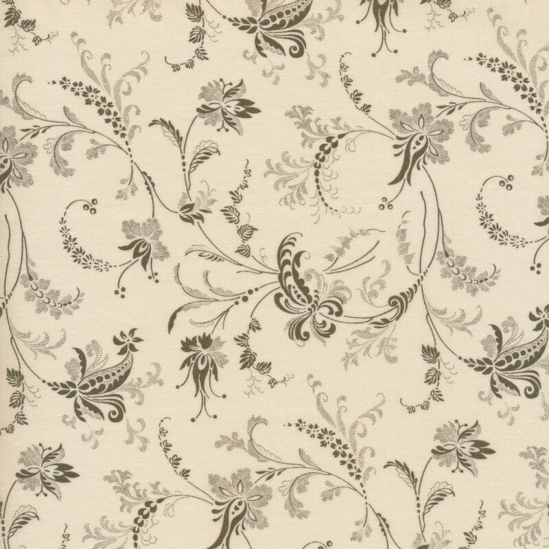 Scan of cream fabric with dark gray filigree patterns all over