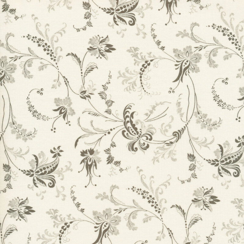 Scan of cream fabric with dark gray filigree patterns all over