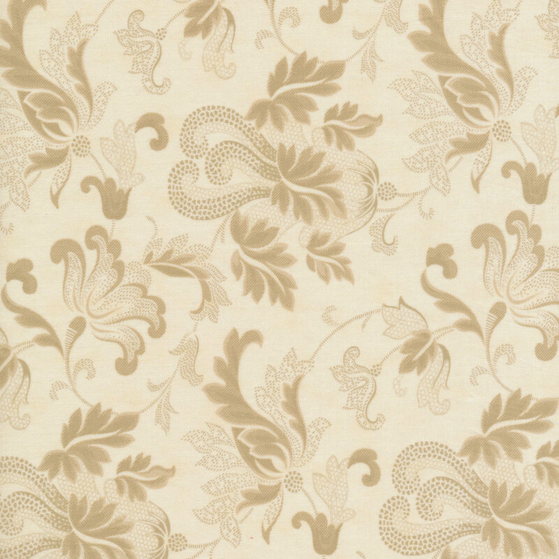Scan of cream fabric with large, floral tonal filigree patterns all over
