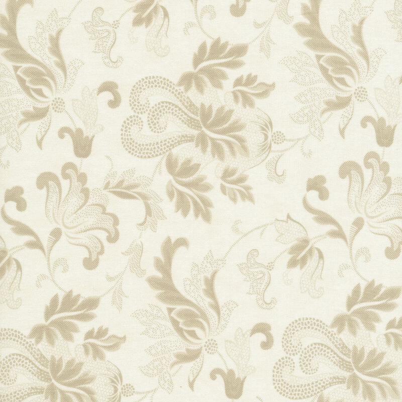 Scan of cream fabric with large, floral tonal filigree patterns all over